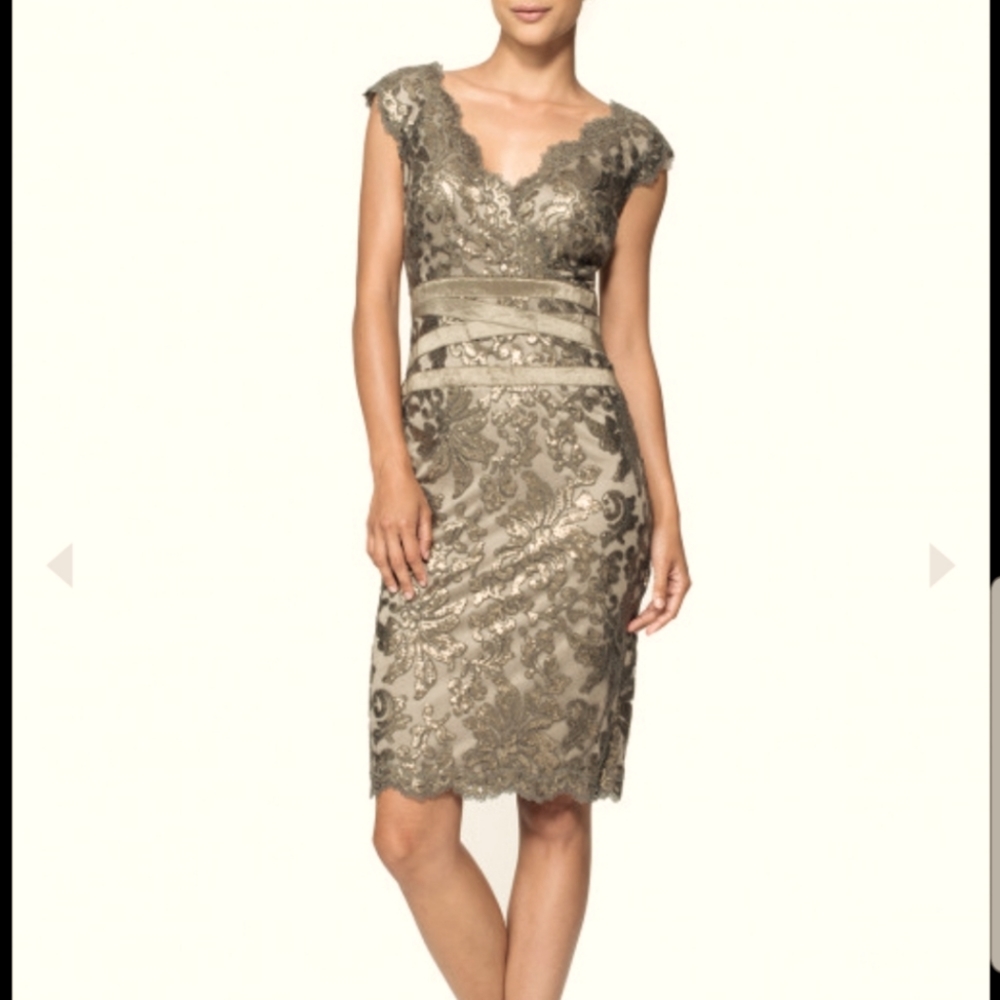 Tadashi Shoji Embroidered Lace Sequin V-Neck Dress